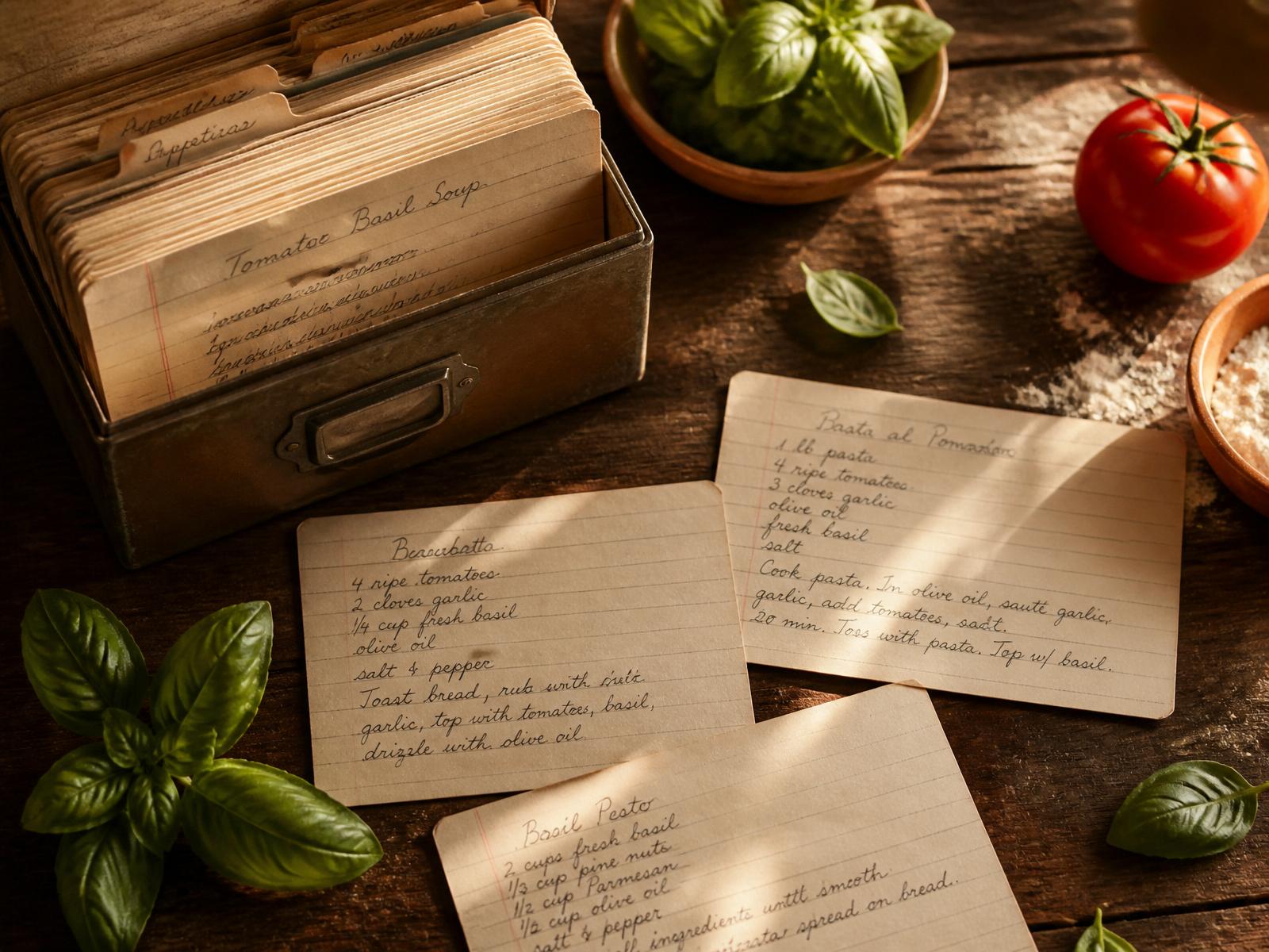 Handwritten family recipe cards in a vintage index box